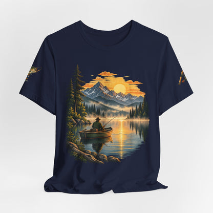 Sunset Lake Fishing T-Shirt — Mountain Boat Fishing Graphic Tee