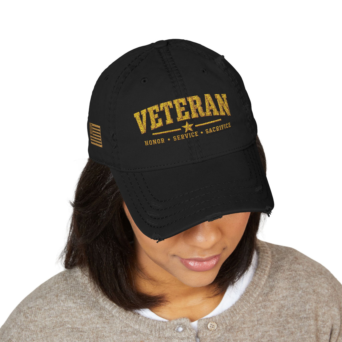 Veteran Embroidered Distressed Dad Hat — USA Honor Gratitude