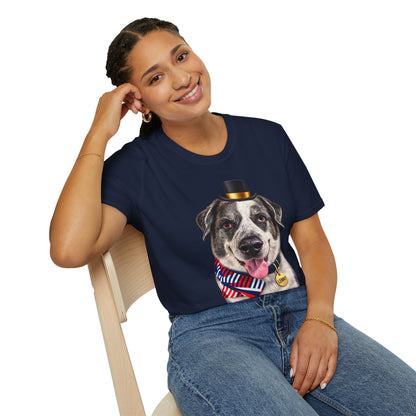 Patriotic Pup Tee — Dog with Top Hat & American Flag Bandana