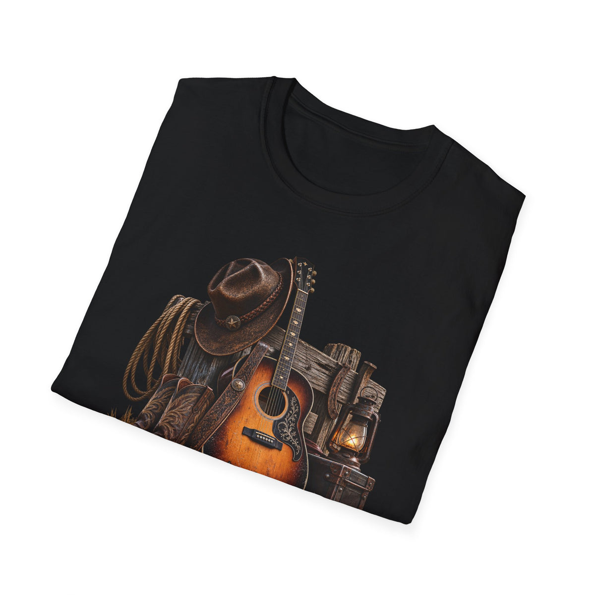 Country Music Guitar T-Shirt — Rustic Cowboy Hat & Lantern Graphic