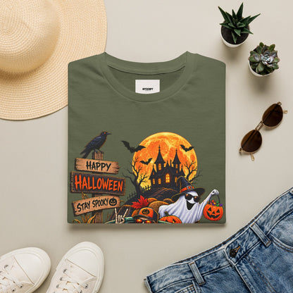 Halloween Truck T‑Shirt — "Happy Halloween, Stay Spooky" Cute Haunted Pumpkin Design