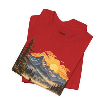 Sunset Lake Fishing T-Shirt — Mountain Boat Fishing Graphic Tee