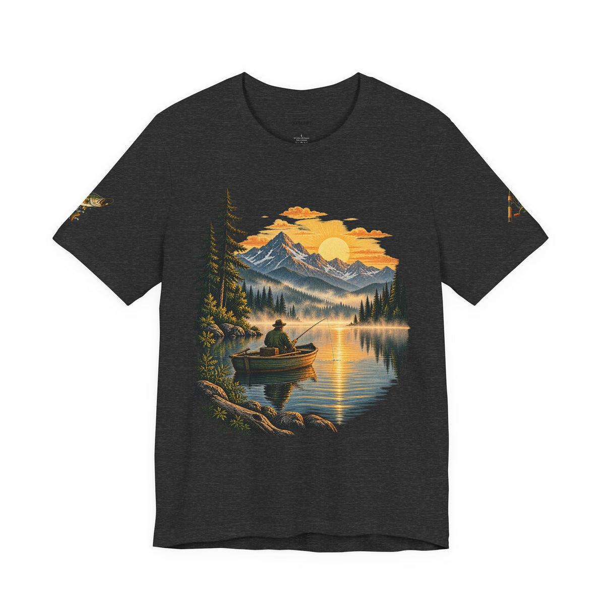Sunset Lake Fishing T-Shirt — Mountain Boat Fishing Graphic Tee