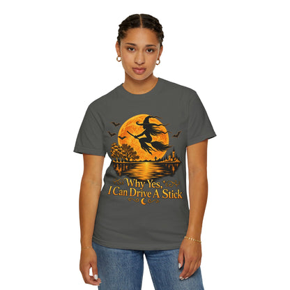 Witch Flying Over Moon T-Shirt – "Why Yes, I Can Drive A Stick" Halloween Tee