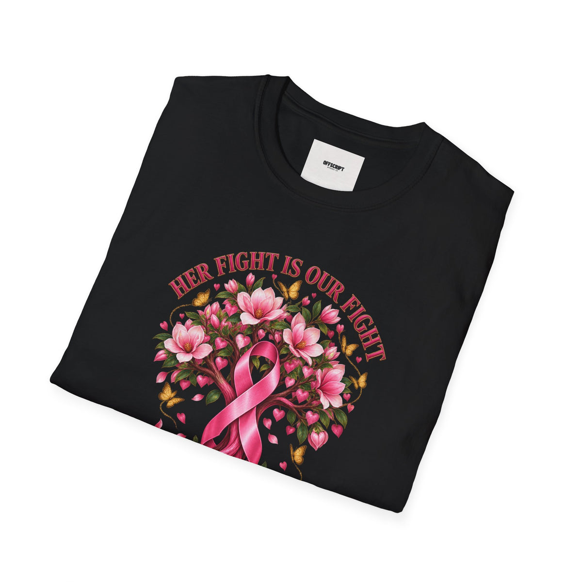 Breast Cancer Awareness T-Shirt – “Her Fight Is Our Fight” Pink Ribbon Floral Tee