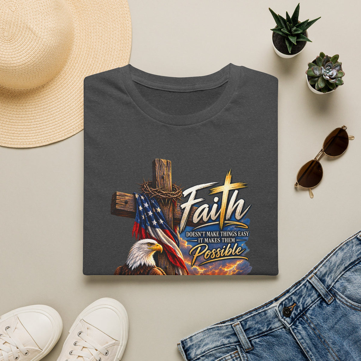 Faith Eagle T-Shirt — 'Faith Makes The Impossible Possible' Patriotic Cross Design