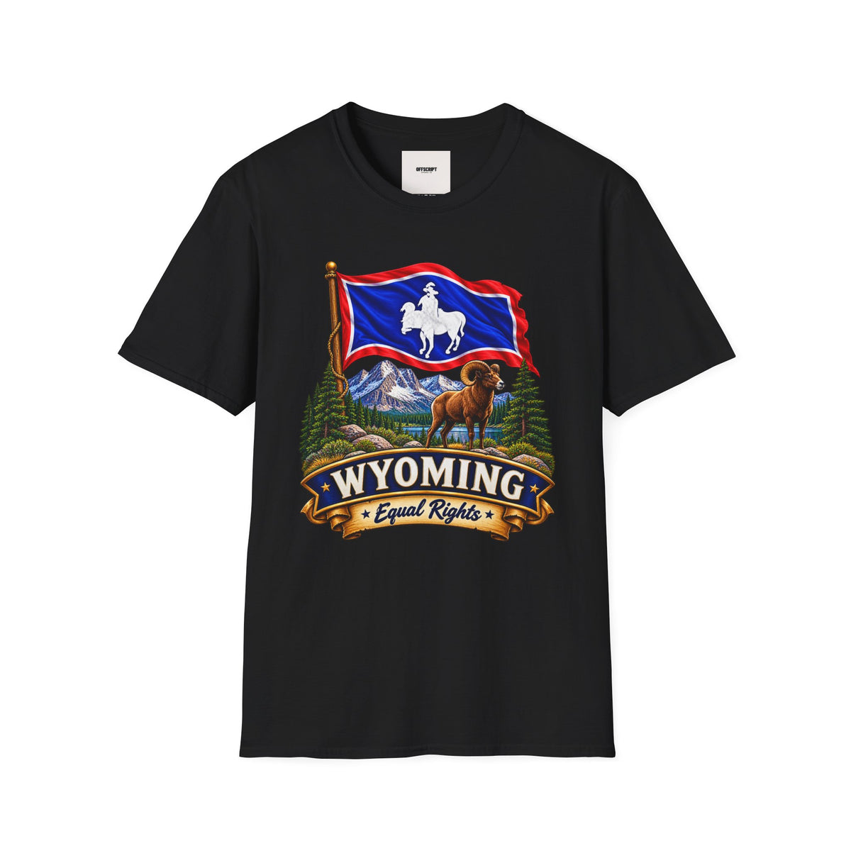 Wyoming Flag T-Shirt — Cowboy & Bison Mountain Scenic Tee