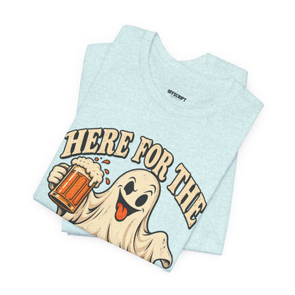 Here for the Boos Halloween T-Shirt — Ghost Drinking Beer Graphic Tee