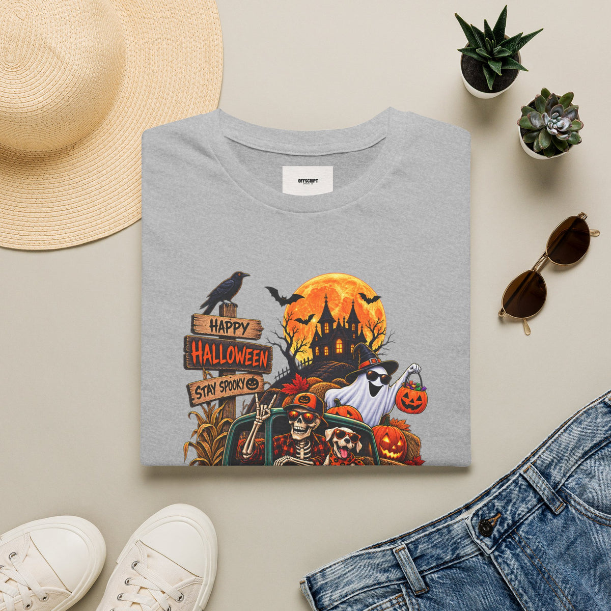 Halloween Truck Graphic T‑Shirt — Happy Halloween Ghosts & Pumpkins Design