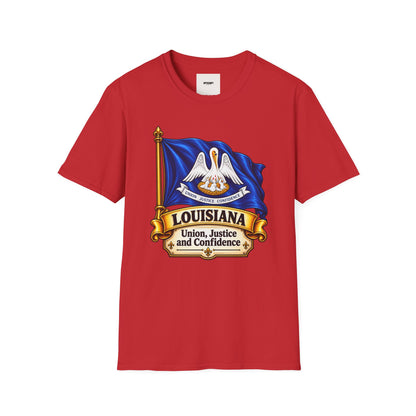Louisiana State Flag T-Shirt — Pelican Emblem "Union, Justice & Confidence" Tee