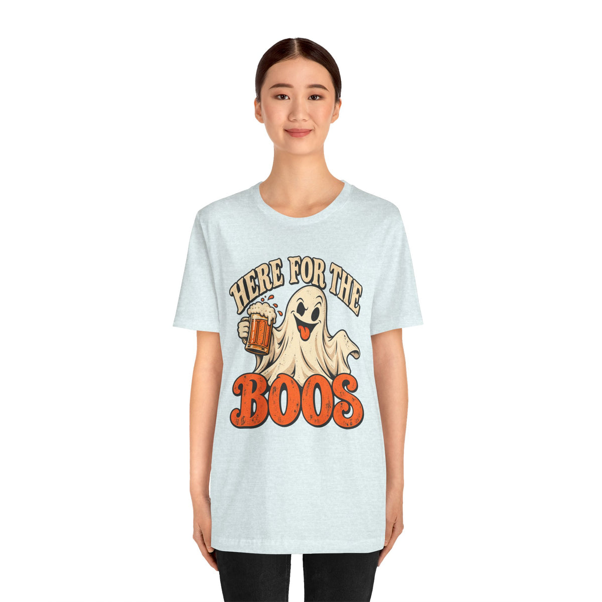 Here for the Boos Halloween T-Shirt — Ghost Drinking Beer Graphic Tee