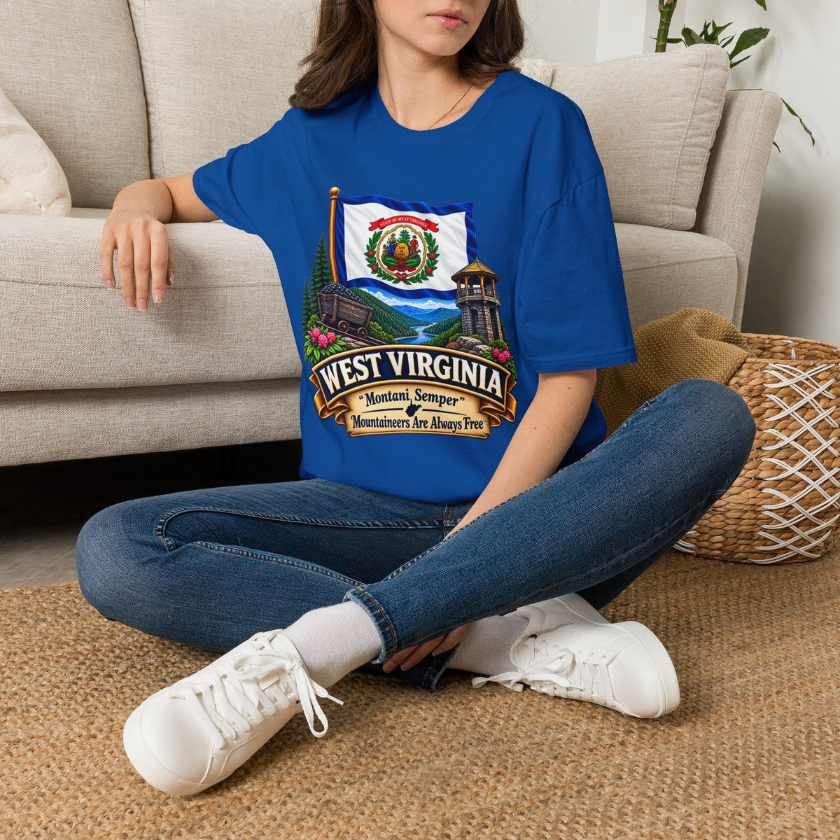 West Virginia Flag T-Shirt — State Pride Scenic Design ("Mountaineers Are Always Free")