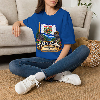 West Virginia Flag T-Shirt — State Pride Scenic Design ("Mountaineers Are Always Free")
