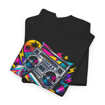 Retro Boombox Tee — 80s Neon Music Graphic T-Shirt