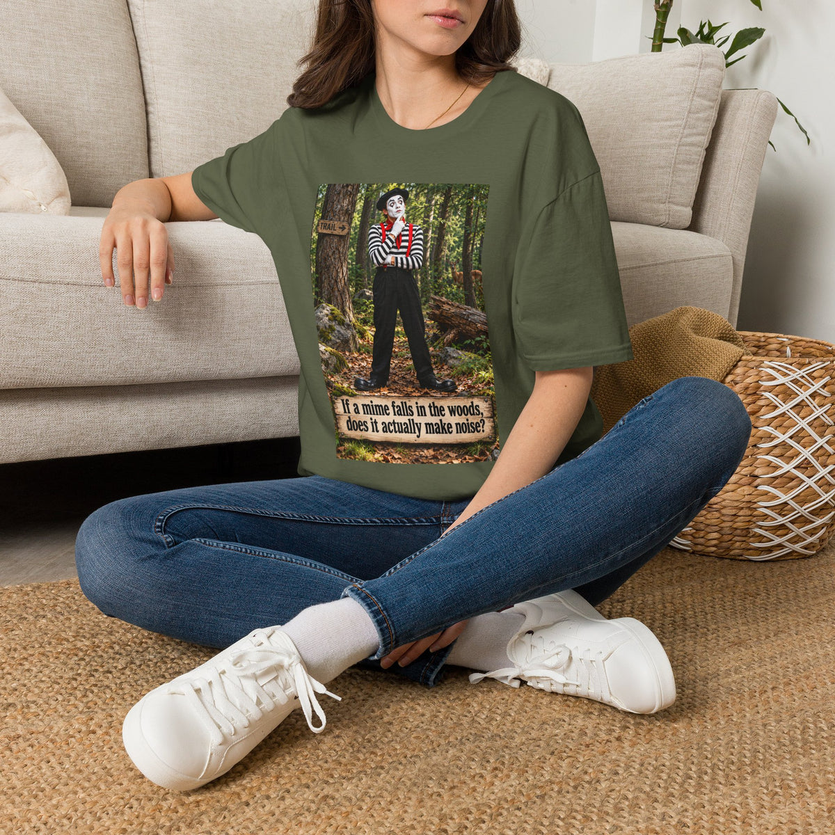 Mime in the Woods T-Shirt — “If a mime falls in the woods…” Casual Graphic Tee