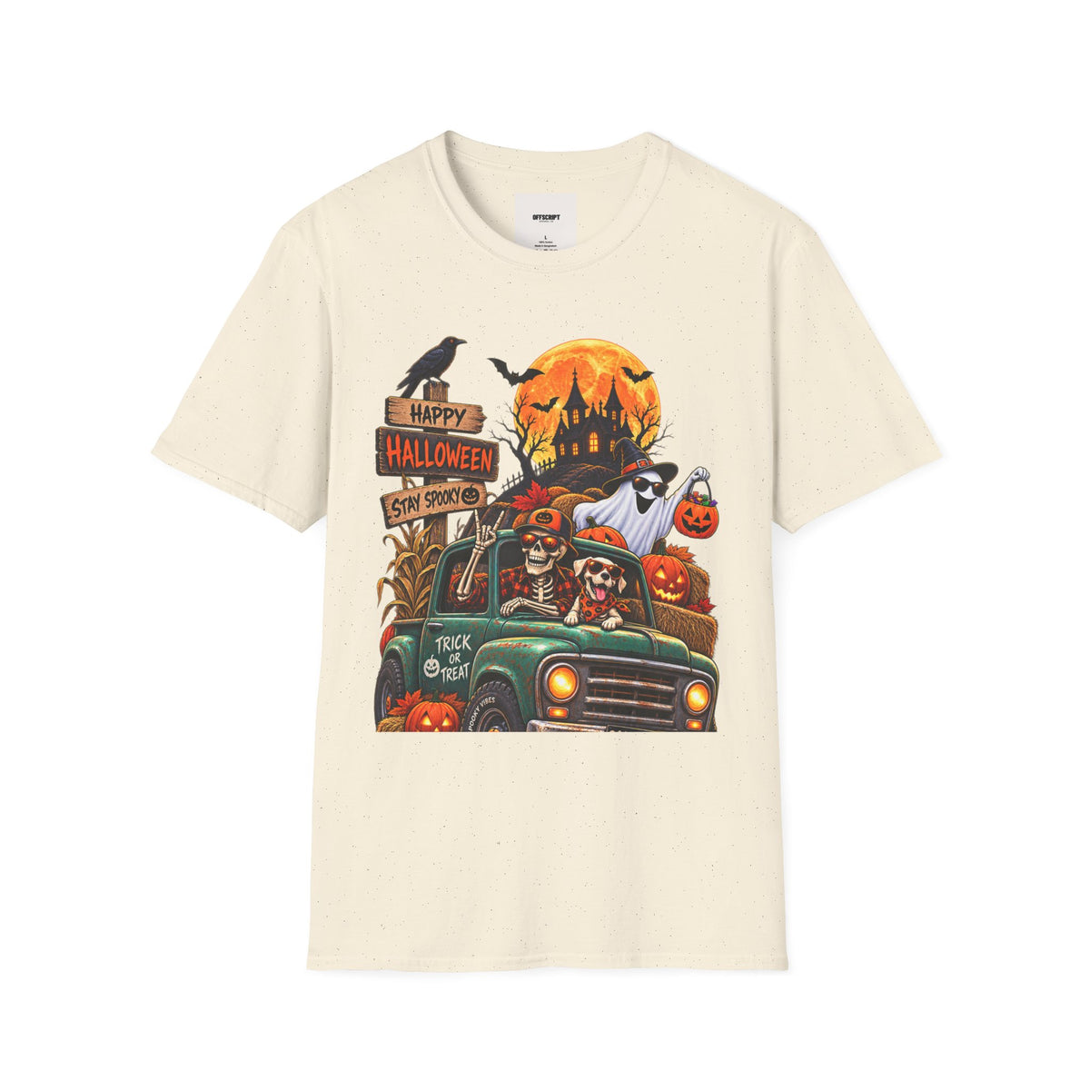 Halloween Truck T‑Shirt — "Happy Halloween, Stay Spooky" Cute Haunted Pumpkin Design