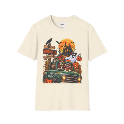 Halloween Truck T‑Shirt — "Happy Halloween, Stay Spooky" Cute Haunted Pumpkin Design