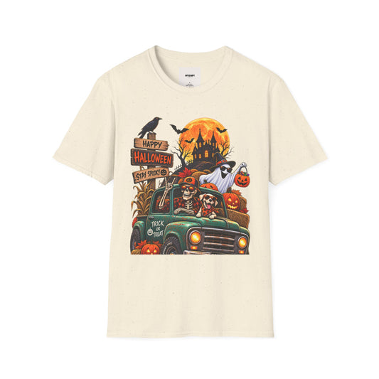 Halloween Truck T‑Shirt — "Happy Halloween, Stay Spooky" Cute Haunted Pumpkin Design