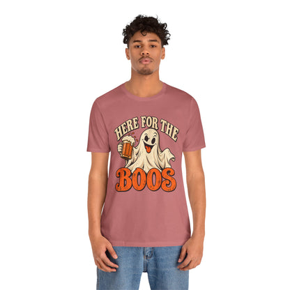 Here for the Boos Halloween T-Shirt — Ghost Drinking Beer Graphic Tee