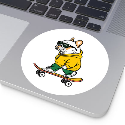 Skater Bulldog Round Sticker — Cool Frenchie on Skateboard, Indoor/Outdoor Decal