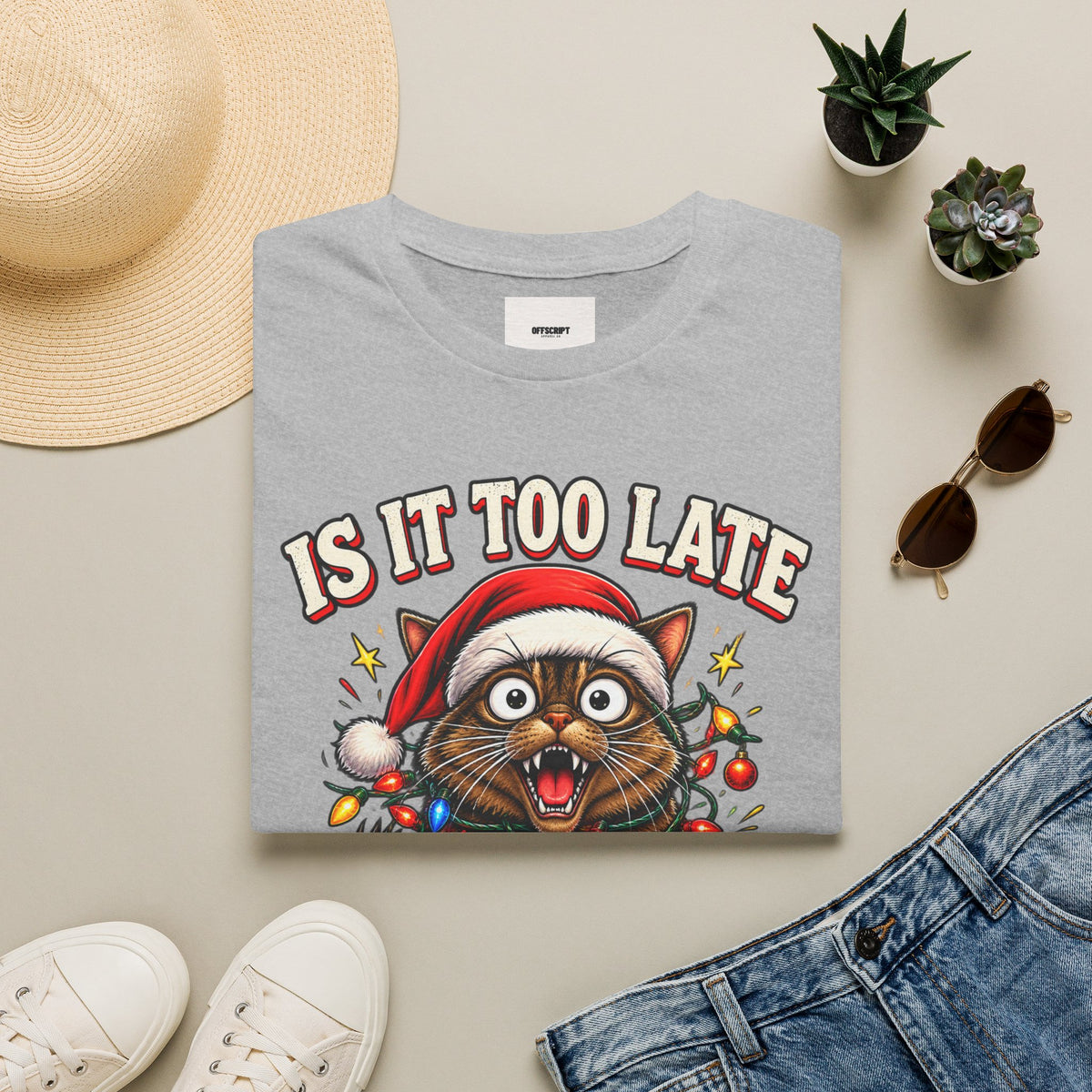 T-Shirt — “Is It Too Late to Be Good?” Christmas Cat Graphic Tee