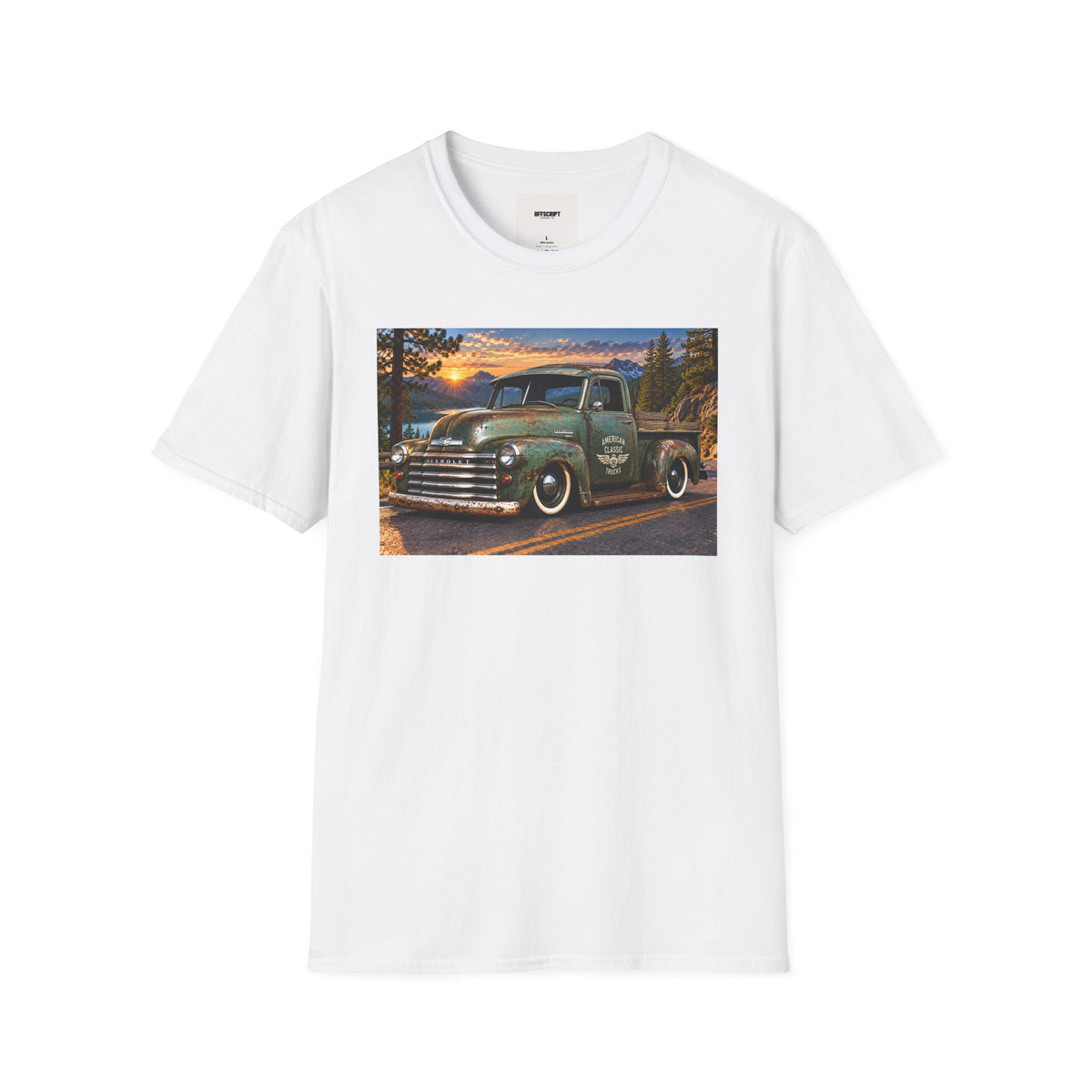 Vintage Green Pickup Truck T-Shirt — Retro Rustic Sunset Road Tee