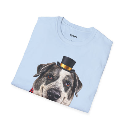 Patriotic Pup Tee — Dog with Top Hat & American Flag Bandana