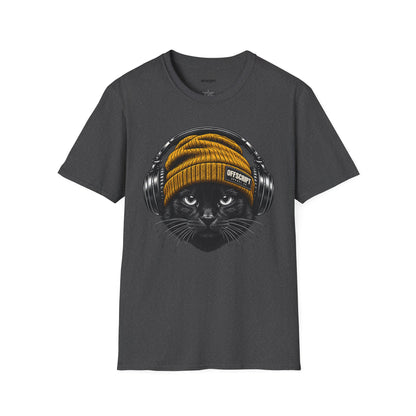Cat Headphones T-Shirt — Cool Black Cat with Beanie & Headphones Graphic