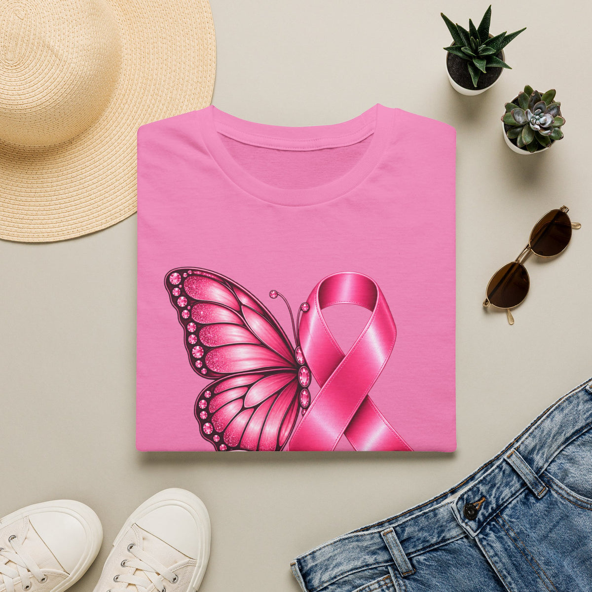 Pink Ribbon Butterfly Breast Cancer Awareness T-Shirt | Support Ribbon Tee