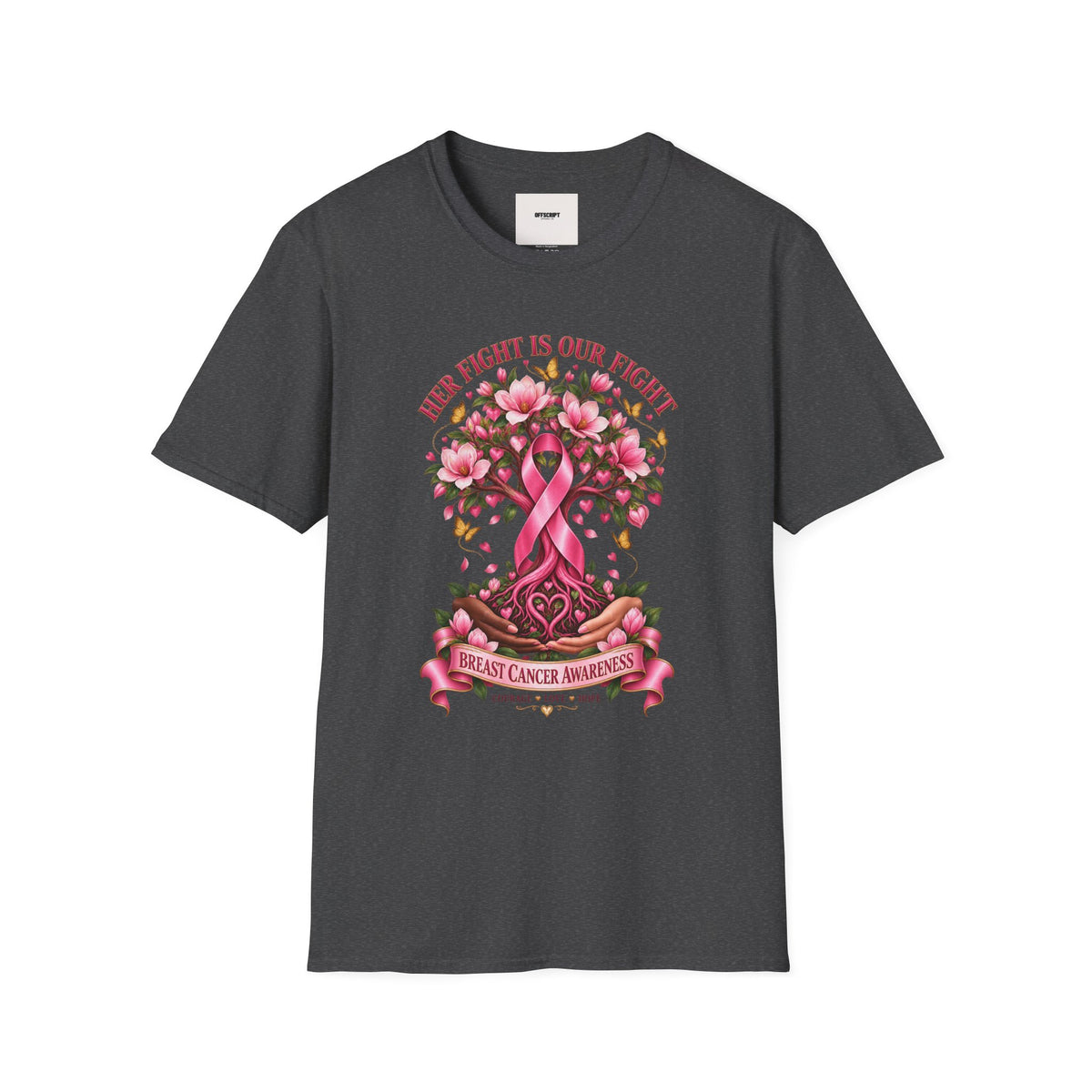 Breast Cancer Awareness T-Shirt – “Her Fight Is Our Fight” Pink Ribbon Floral Tee