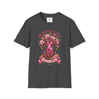 Breast Cancer Awareness T-Shirt – “Her Fight Is Our Fight” Pink Ribbon Floral Tee