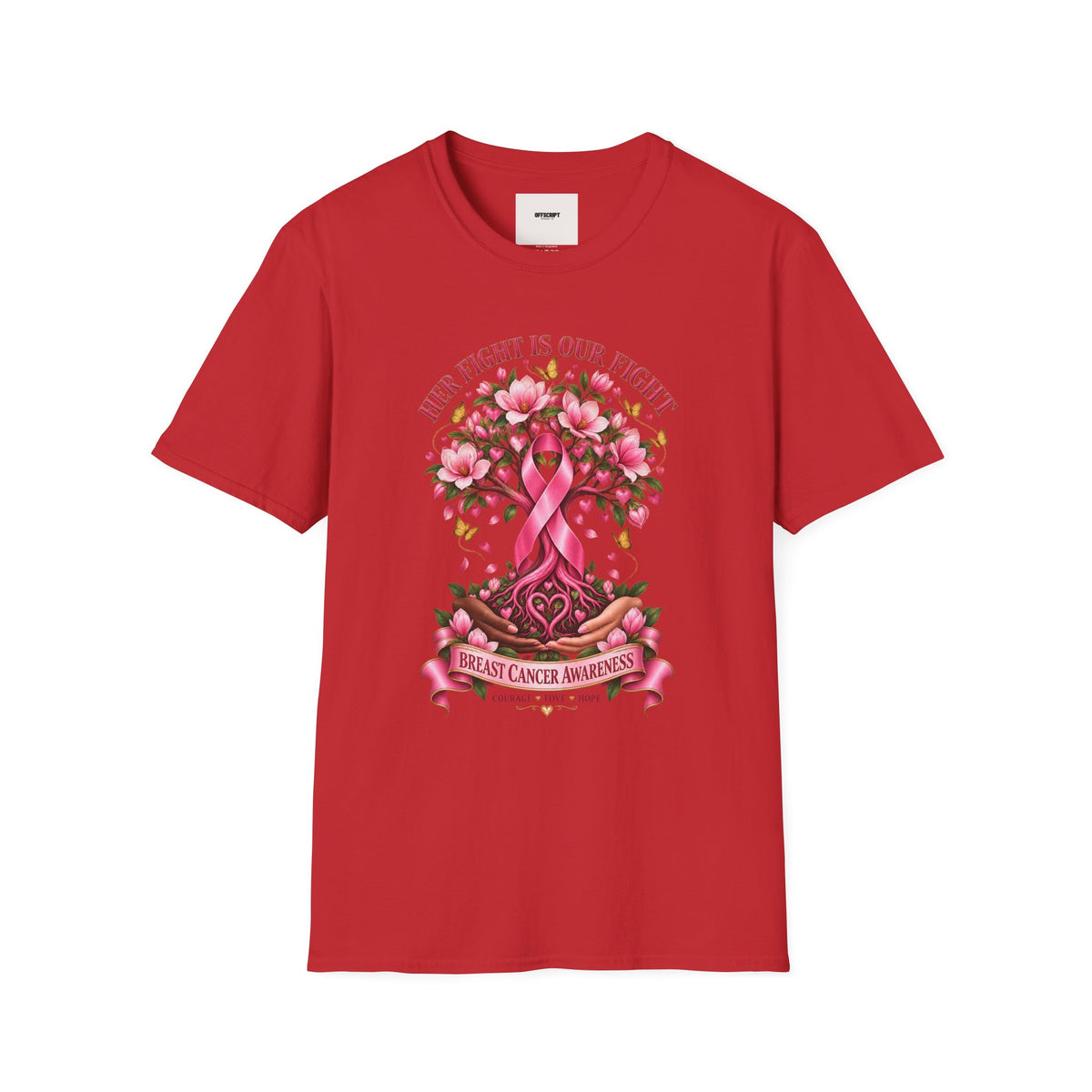 Breast Cancer Awareness T-Shirt – “Her Fight Is Our Fight” Pink Ribbon Floral Tee