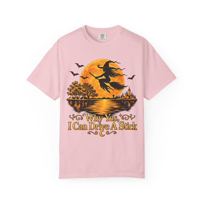 Witch Flying Over Moon T-Shirt – "Why Yes, I Can Drive A Stick" Halloween Tee