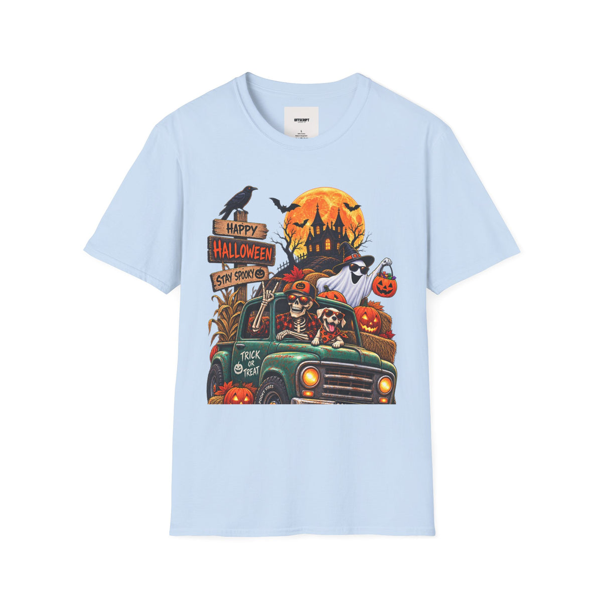 Halloween Truck T‑Shirt — "Happy Halloween, Stay Spooky" Cute Haunted Pumpkin Design
