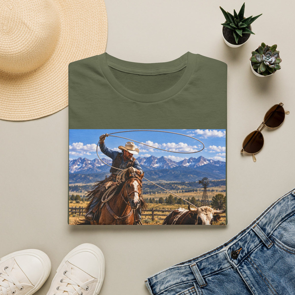 Cowboy Roping Photo T-Shirt — Western Ranch Scenic Tee