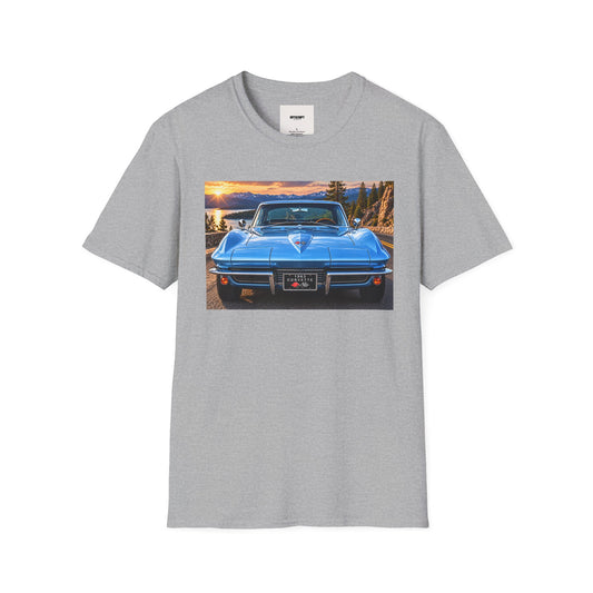 Vintage Blue Corvette T-Shirt — Classic Car Sunset Print