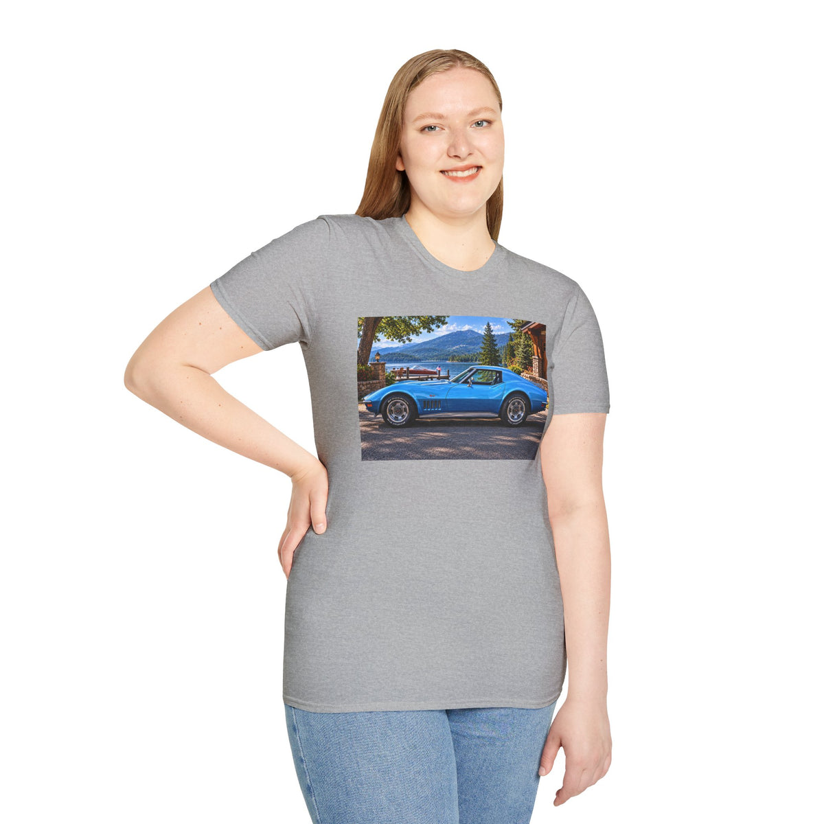 1968 Chevrolet Corvette Stingray Graphic T‑Shirt — Blue Classic Car Lakefront Print
