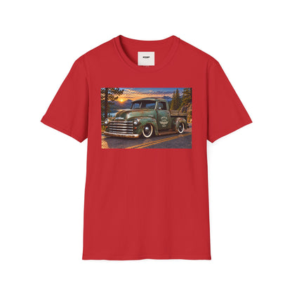 Vintage Green Pickup Truck T-Shirt — Retro Rustic Sunset Road Tee