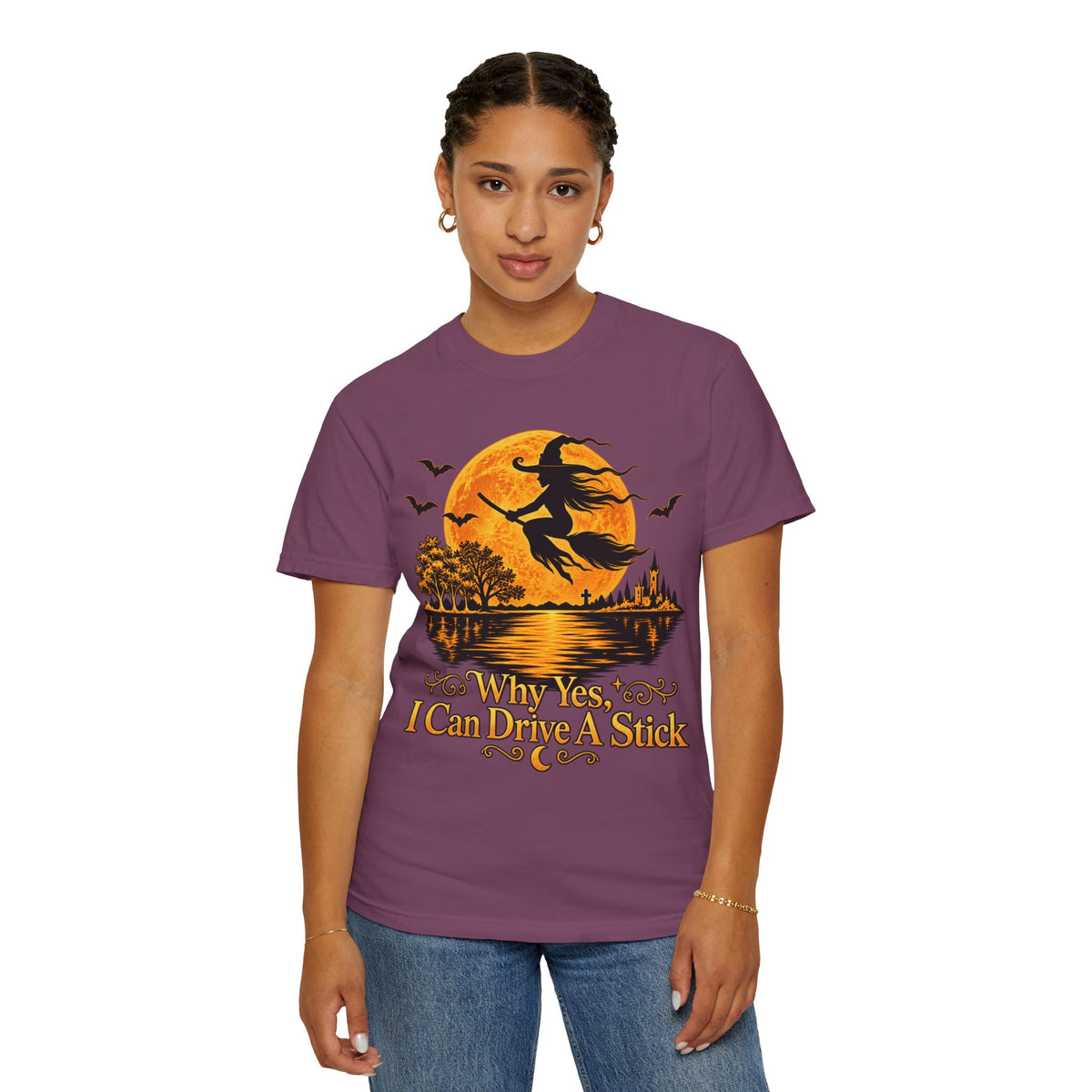 Witch Flying Over Moon T-Shirt – "Why Yes, I Can Drive A Stick" Halloween Tee