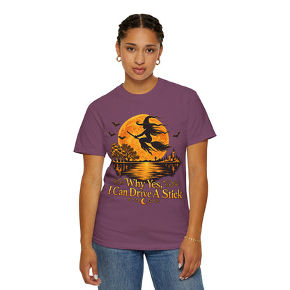 Witch Flying Over Moon T-Shirt – "Why Yes, I Can Drive A Stick" Halloween Tee