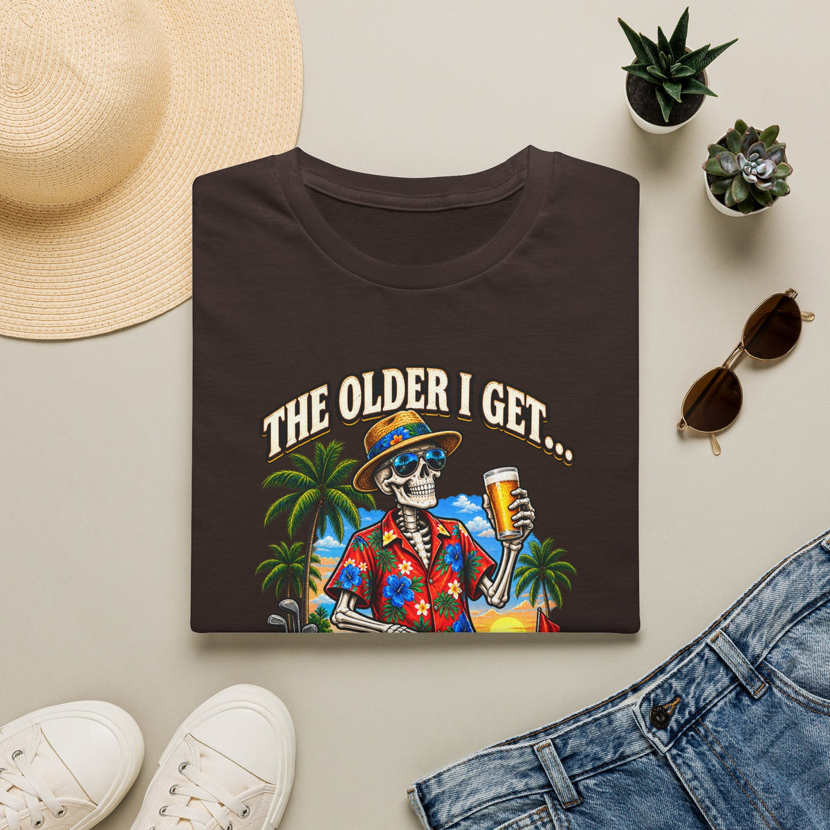 T-Shirt — “The Older I Get… The Further My Balls Go Into The Woods” Retro Tropical Skeleton Humor Tee