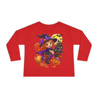 Toddler Halloween Witch Long Sleeve Tee — Cute Witch & Black Cat Pumpkin Design