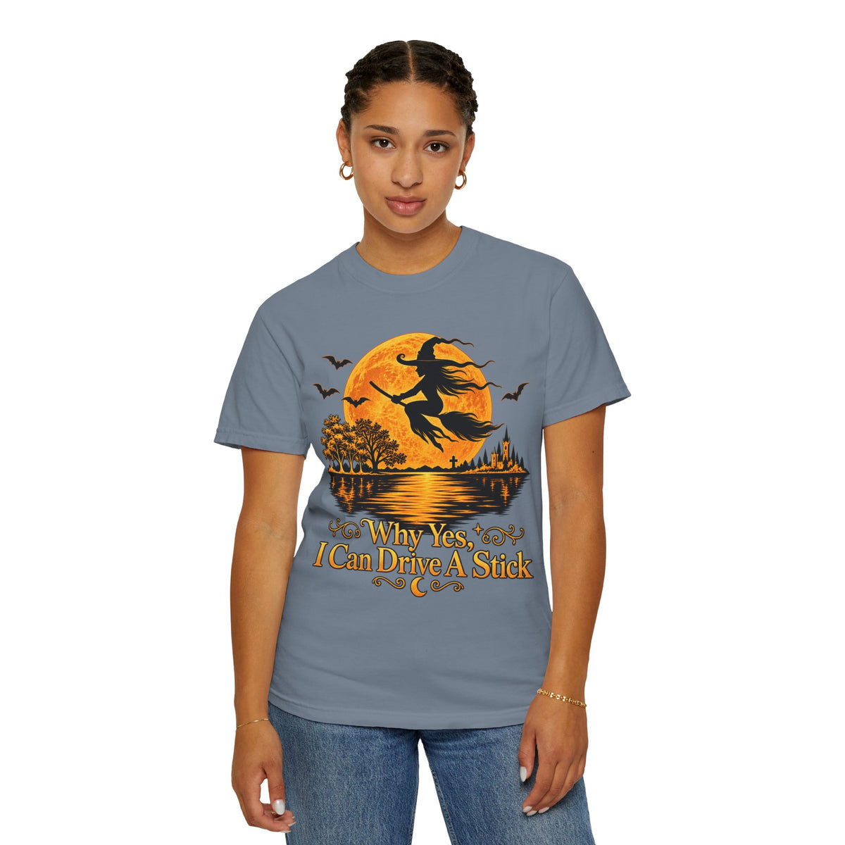 Witch Flying Over Moon T-Shirt – "Why Yes, I Can Drive A Stick" Halloween Tee