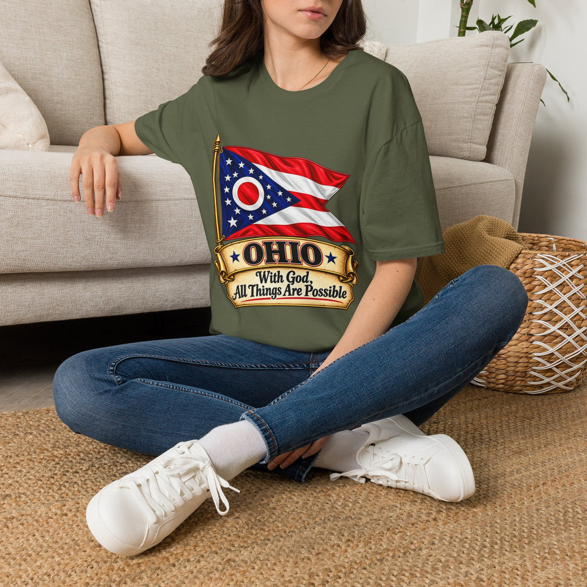 Ohio Flag T-Shirt — "With God All Things Are Possible" Patriotic Tee
