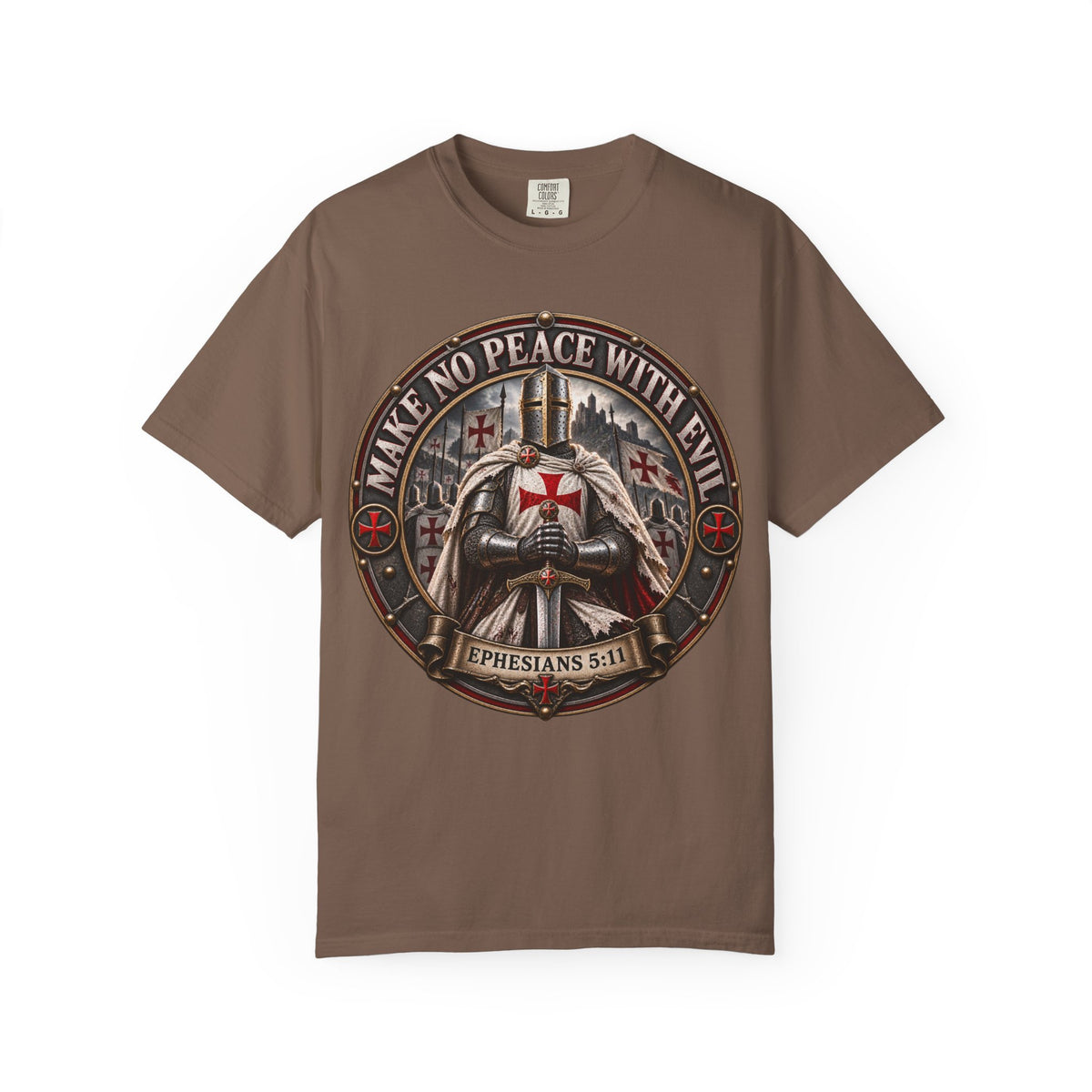 Make No Peace With Evil T-shirt | Crusader Helmet Ephesians 5:11