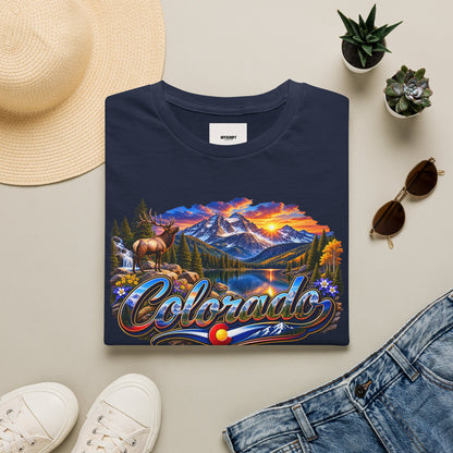 Colorado Scenic T‑Shirt — Mountain Sunset Landscape with Elk and State Script