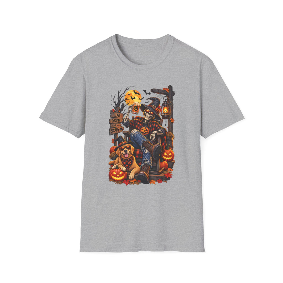 Halloween Skeleton Lounge T-Shirt — "Eat Drink & Be Scary" Graphic Tee