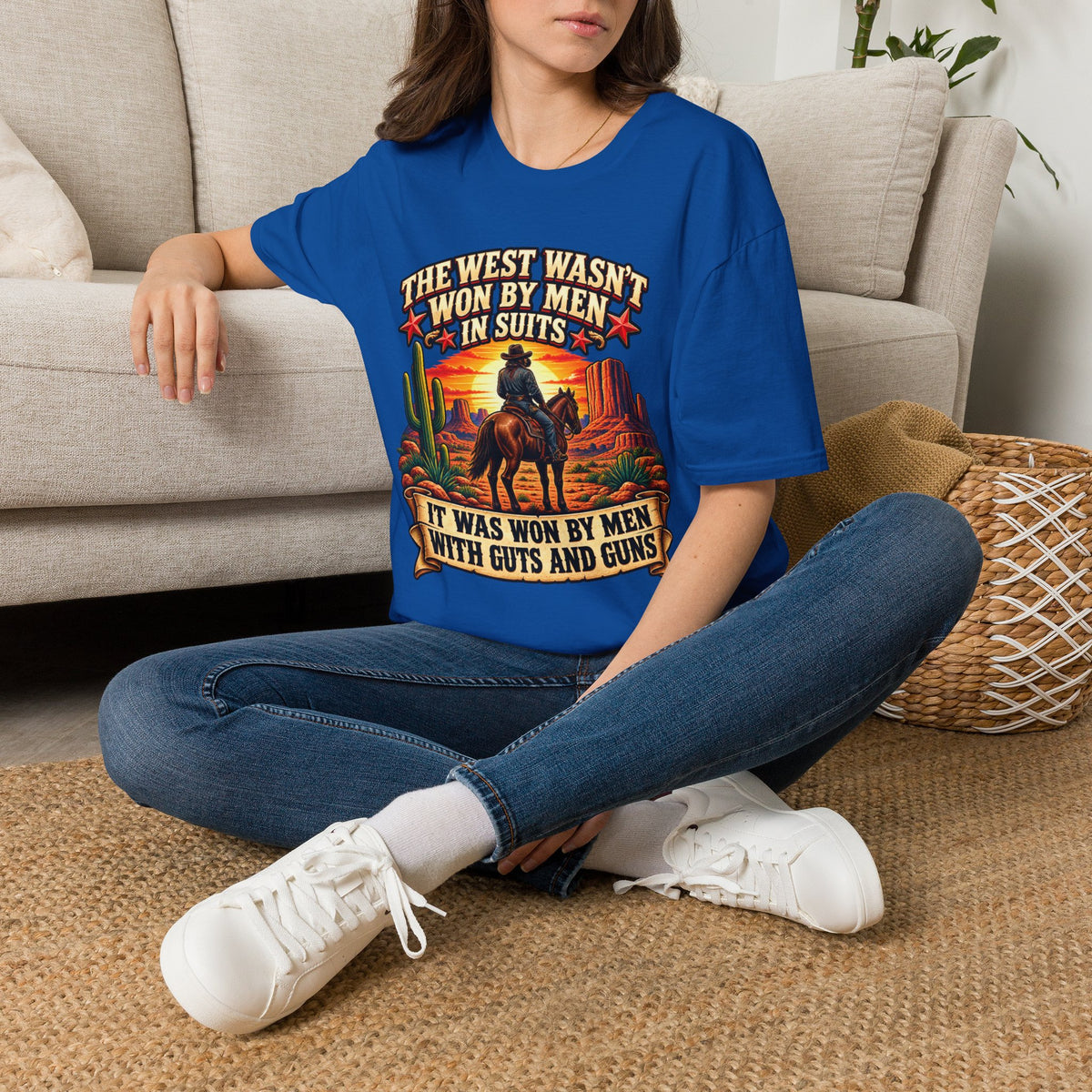 Western Graphic T-Shirt — “The West Wasn’t Won by Men in Suits” Cowboy Sunset Tee
