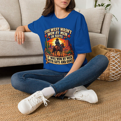 Western Graphic T-Shirt — “The West Wasn’t Won by Men in Suits” Cowboy Sunset Tee