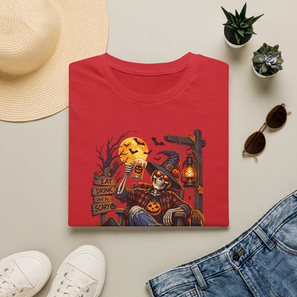 Halloween Skeleton Lounge T-Shirt — "Eat Drink & Be Scary" Graphic Tee
